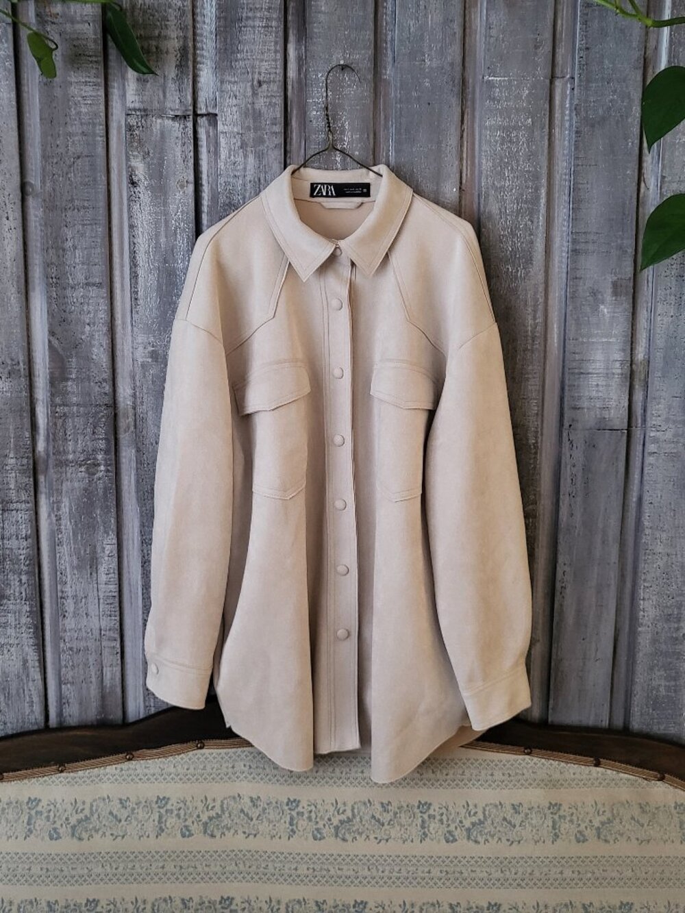 Zara Beige Faux Suede Oversized Shirt Jacket Shacket Button Up Small NWT
